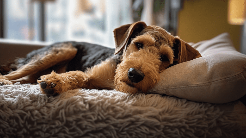 Airedale Terrier entspannt bei Familie