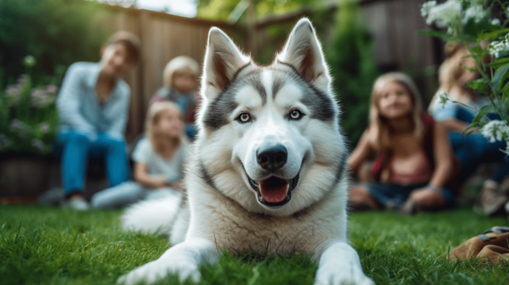 Alaskan Husky mit Familie und Kindern