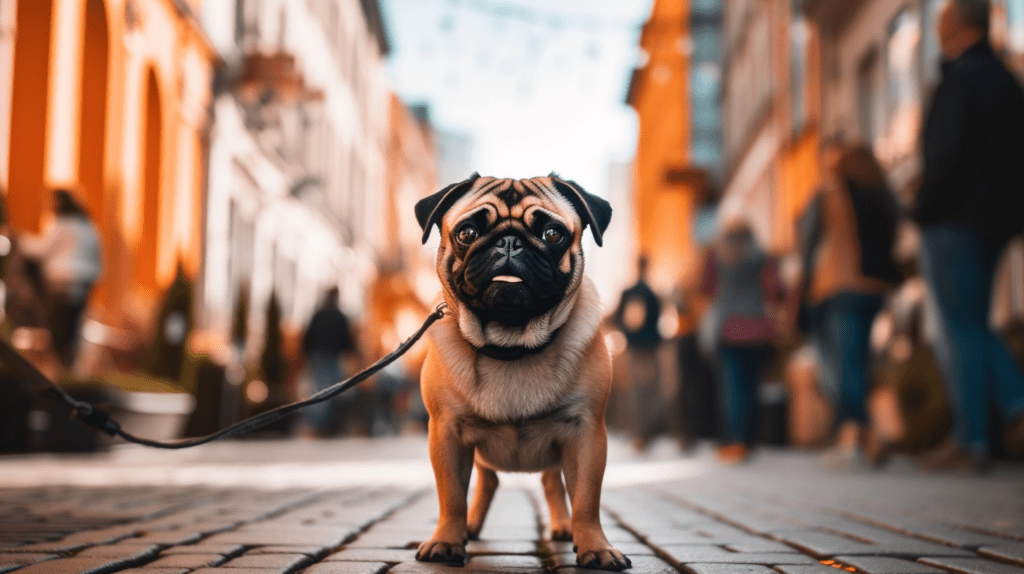 mops spaziert in der stadt