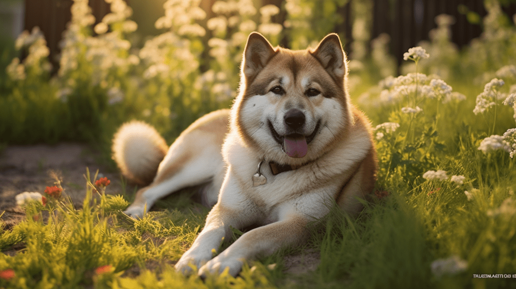 Akita liegt entspannt im Garten
