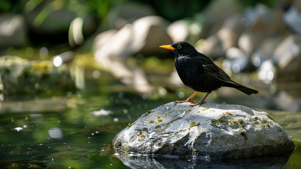 Amsel auf einem Stein am See