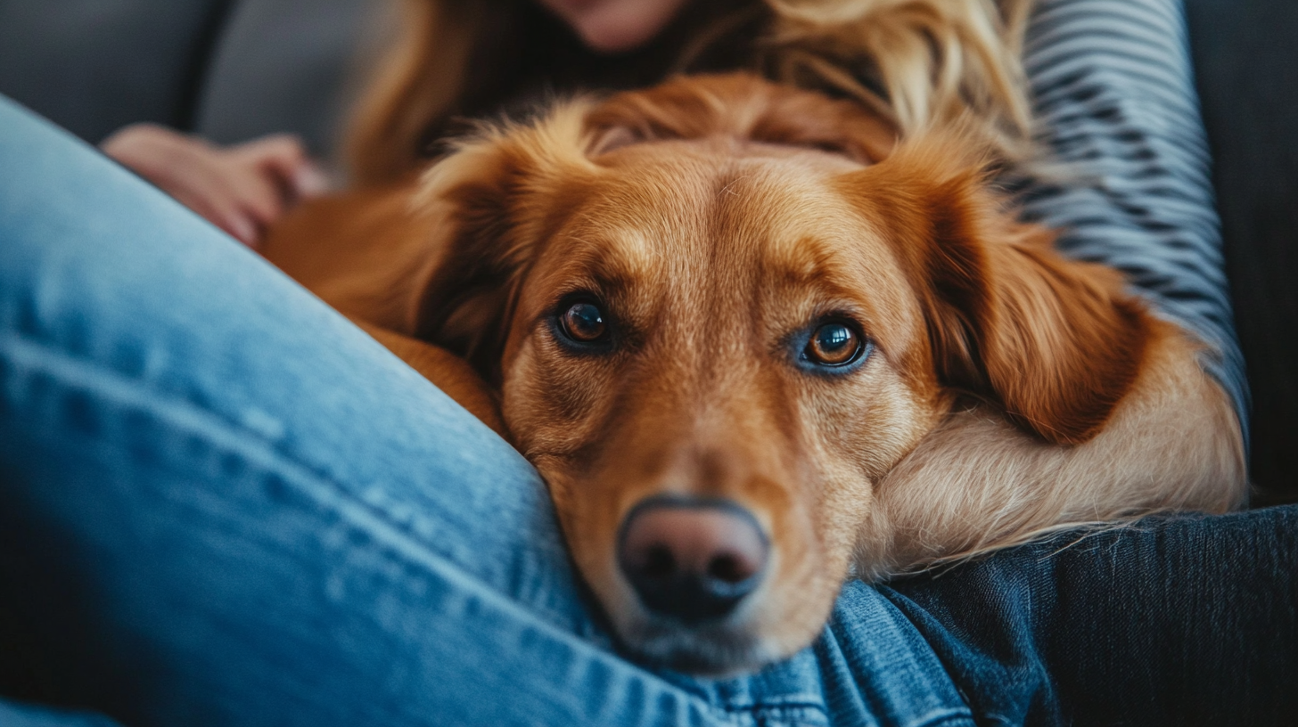 Hund liegt auf Frau