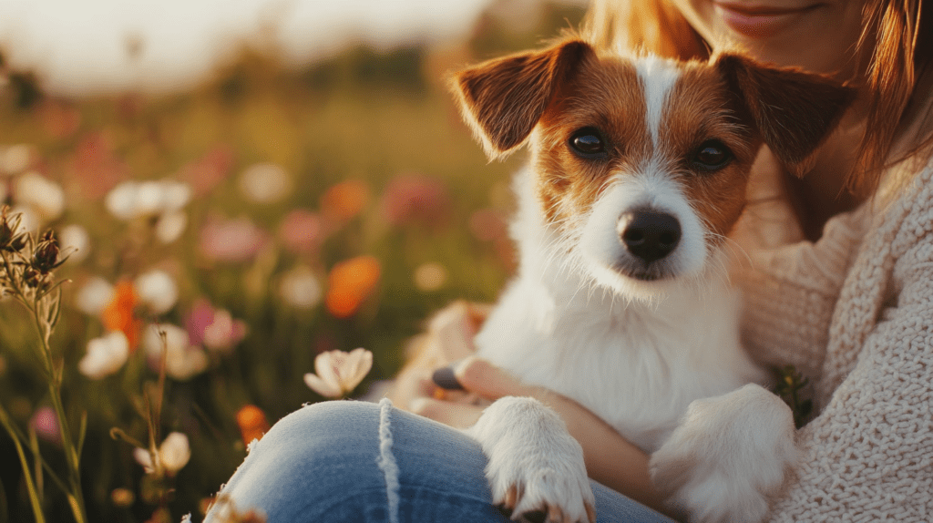 Hund sitzt und liegt auf Mensch